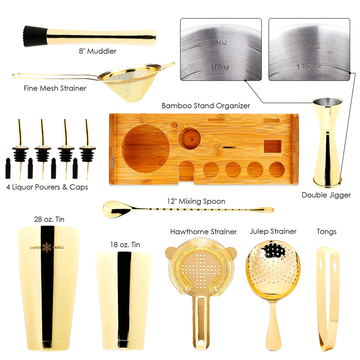 Gold Small Cocktail Set - Shaker, Jigger, Strainer, Spoon, Muddler