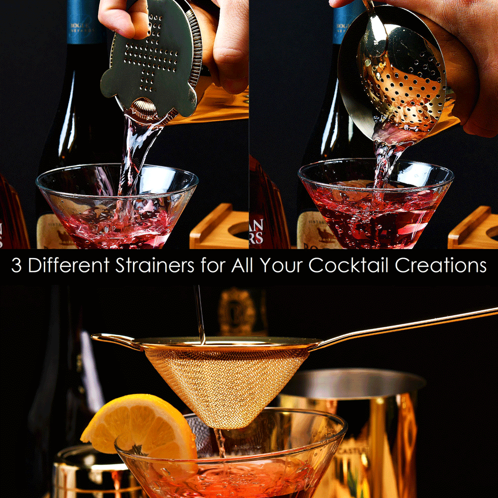 Gold Hawthorne julep and fine mesh strainers used for various cocktail recipes 