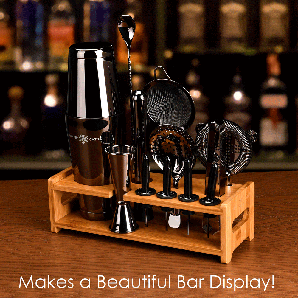 Black Pro Cocktail Shaker Set by WinterCastle The 18-Piece Ultimate Bartender Kit displayed on home bar