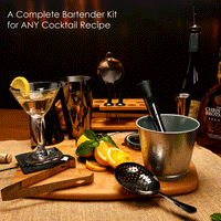 Complete black bartender kit for any cocktail recipe on home bar with martini