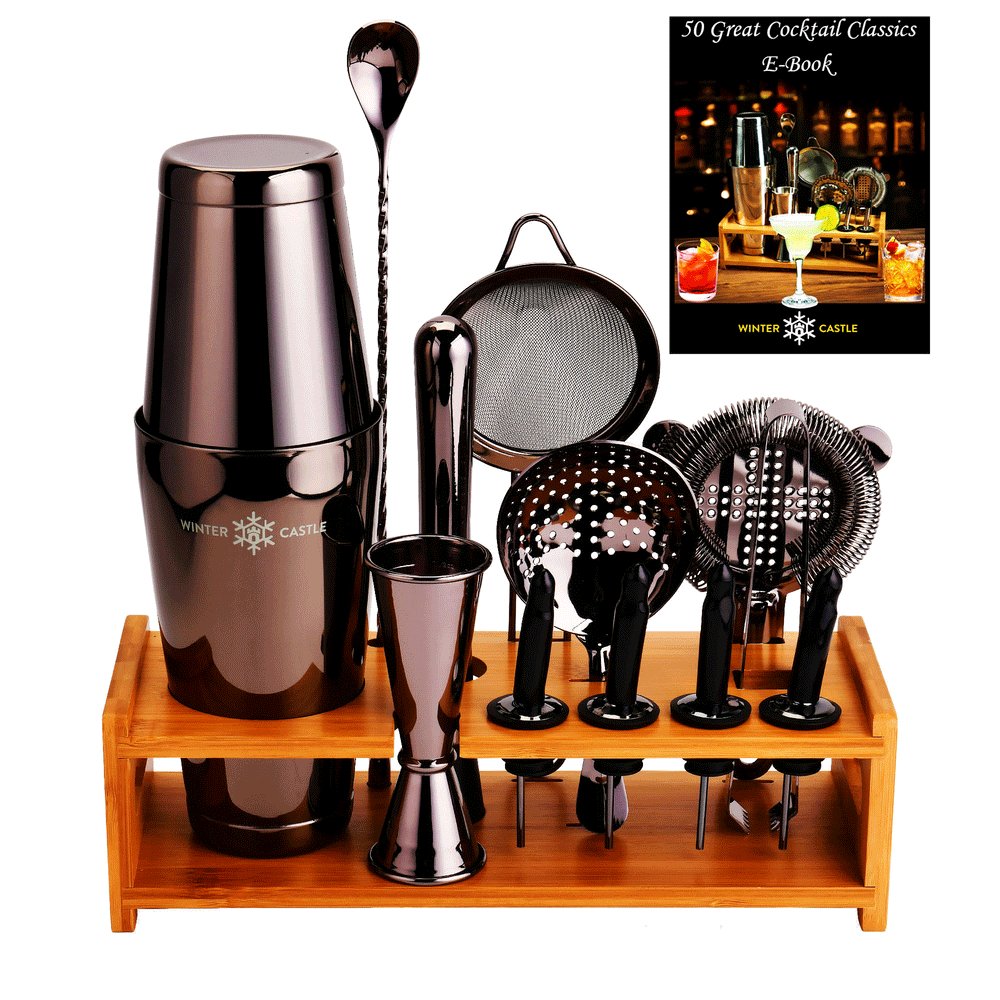 Black 18 piece stainless steel bartender kit with Boston cocktail shaker bamboo stand and cocktail recipes