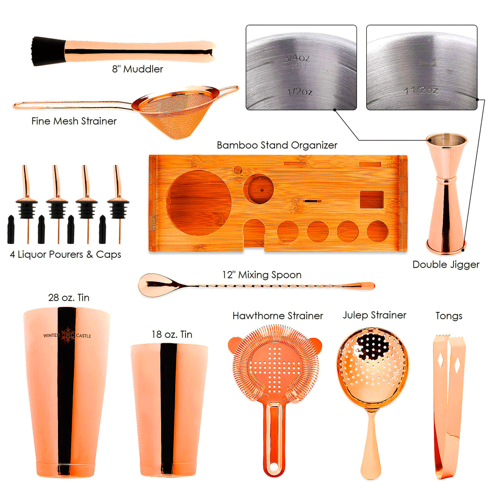 Copper Boston cocktail shaker jigger bar spoon strainers liquor pourers caps muddler bamboo stand tongs