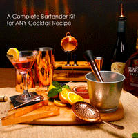 Complete Copper bartender kit for any cocktail recipe on home bar with martini