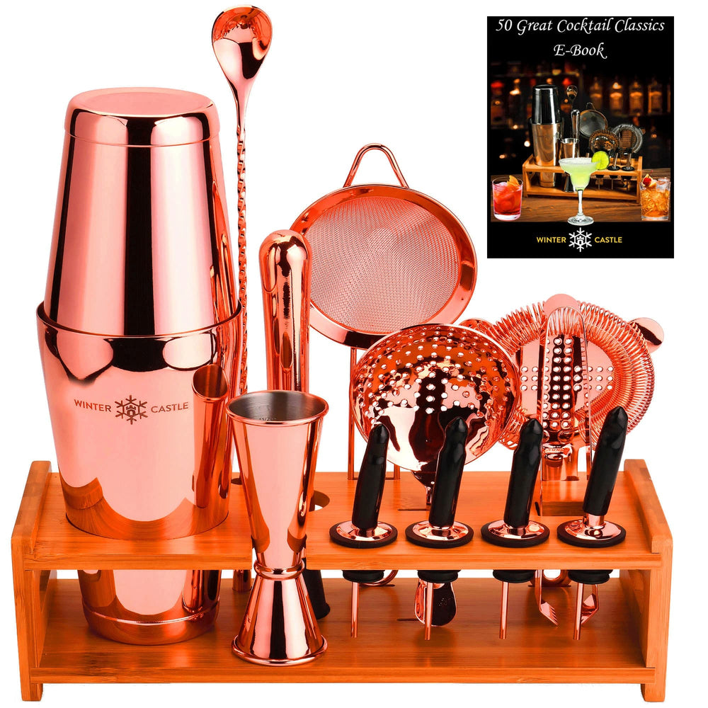 Copper 18 piece stainless steel bartender kit with Boston cocktail shaker bamboo stand and cocktail recipes