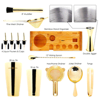 Gold Boston cocktail shaker jigger bar spoon strainers liquor pourers caps muddler bamboo stand tongs