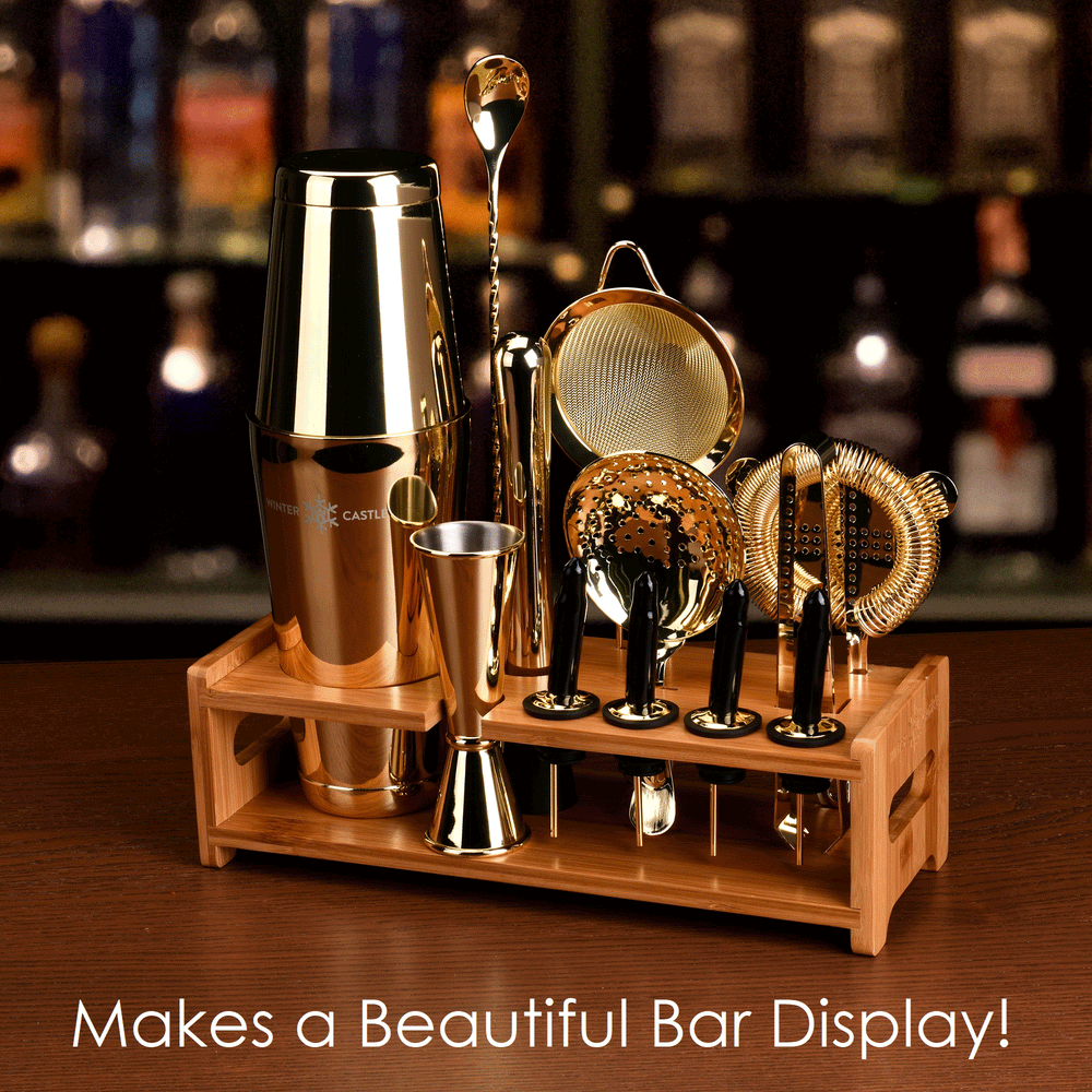  Gold Pro Cocktail Shaker Set by WinterCastle The 18-Piece Ultimate Bartender Kit displayed on home bar