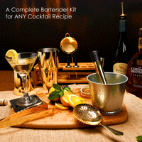Complete Gold bartender kit for any cocktail recipe on home bar with martini