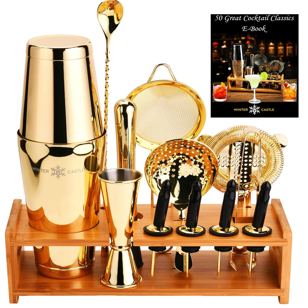 Gold 18 piece stainless steel bartender kit with Boston cocktail shaker bamboo stand and cocktail recipes