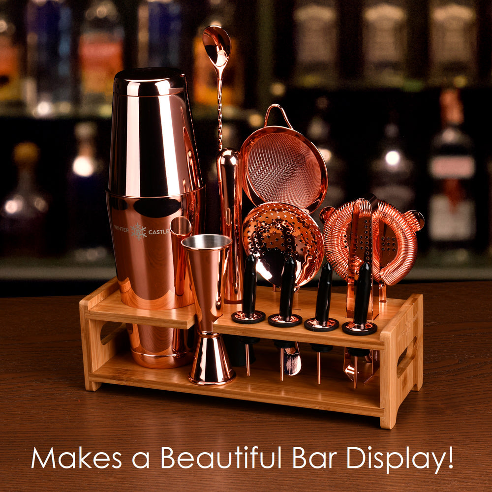 Copper Pro Cocktail Shaker Set by WinterCastle The 18-Piece Ultimate Bartender Kit displayed on home bar