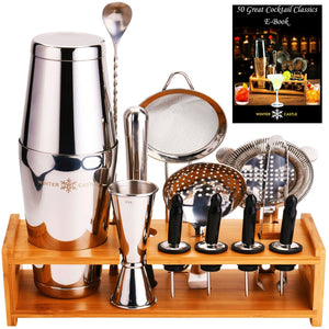 Silver 18 piece stainless steel bartender kit with Boston cocktail shaker bamboo stand and cocktail recipes